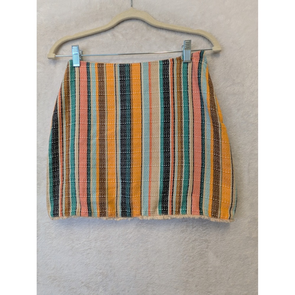 H&M Striped Mini Skirt Size 4 Multicolor‎ Fringed Hem Textured Side Zip Boho